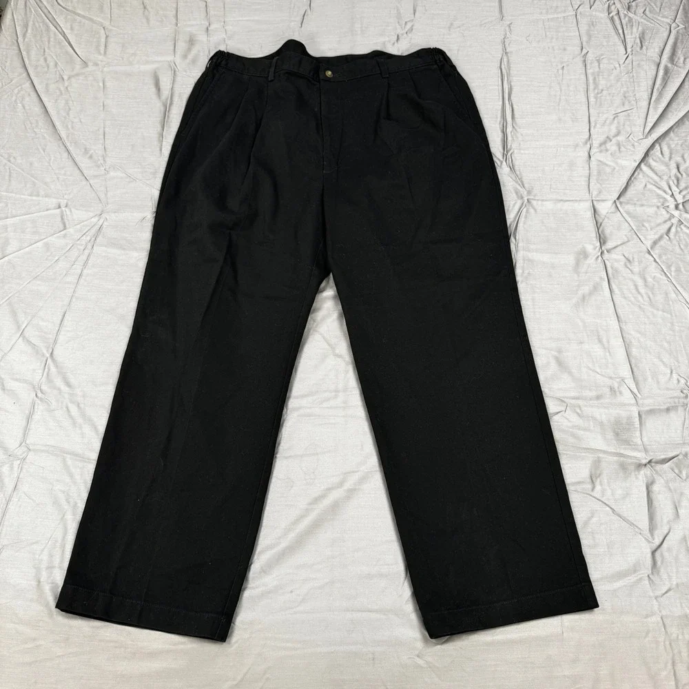 Haggar Generations Mens Black Pleated Chino Pants 42x30 Elastic Waist Cotton